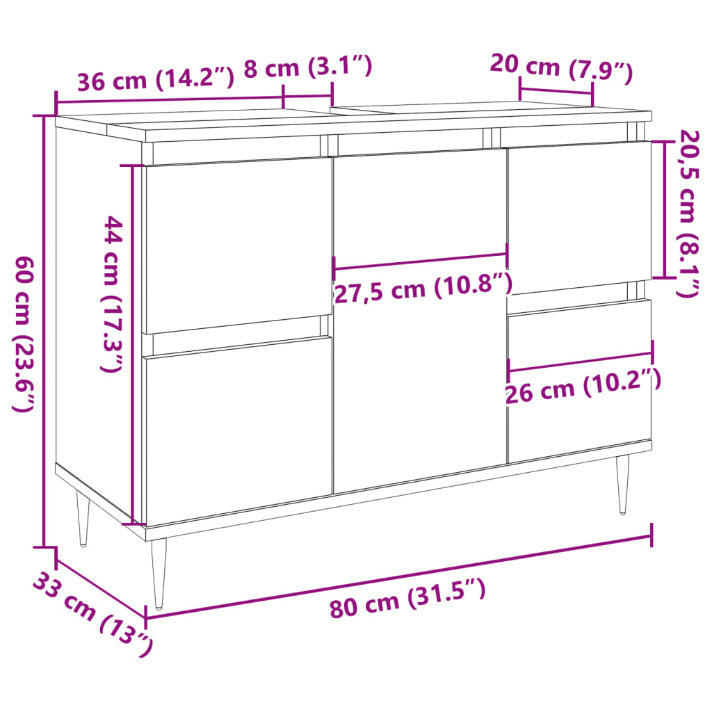 Bathroom Cabinet Concrete Grey 80x33x60 cm Engineered Wood