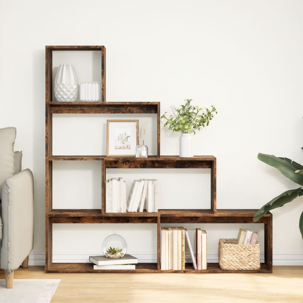 Room Divider Bookcase 4-Tier Smoked Oak 143.5x29x143.5 cm Engineered Wood