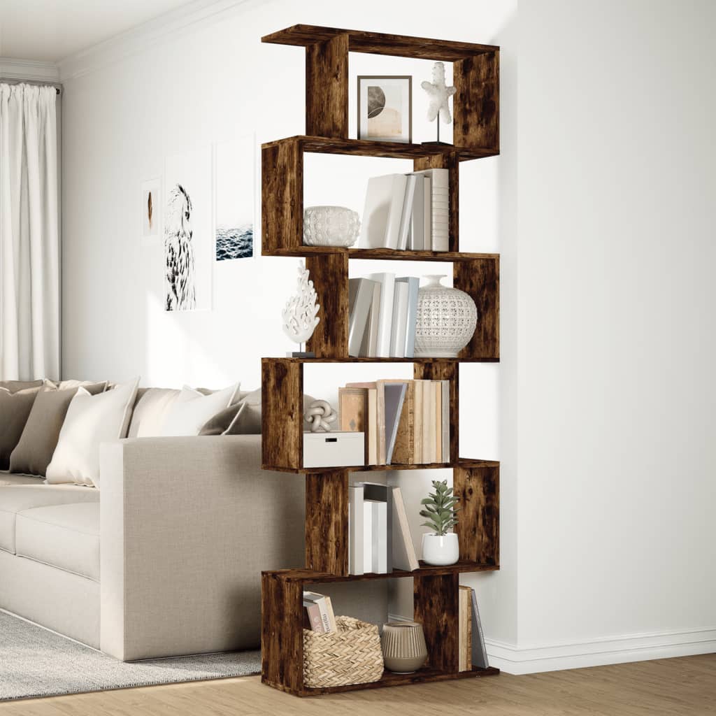 Room Divider Bookcase 6-Tier Smoked Oak 70x24x193 cm Engineered Wood