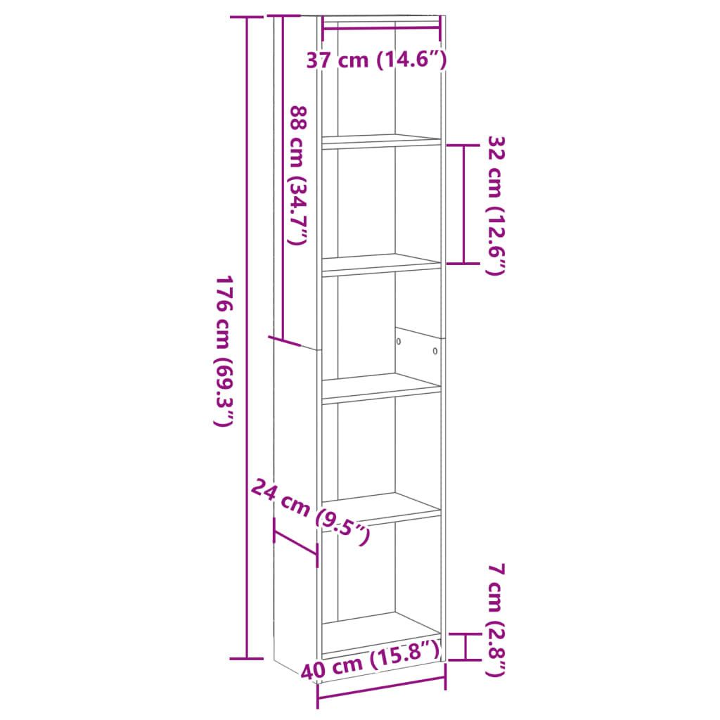 Bookcase White 40x24x176 cm Engineered Wood