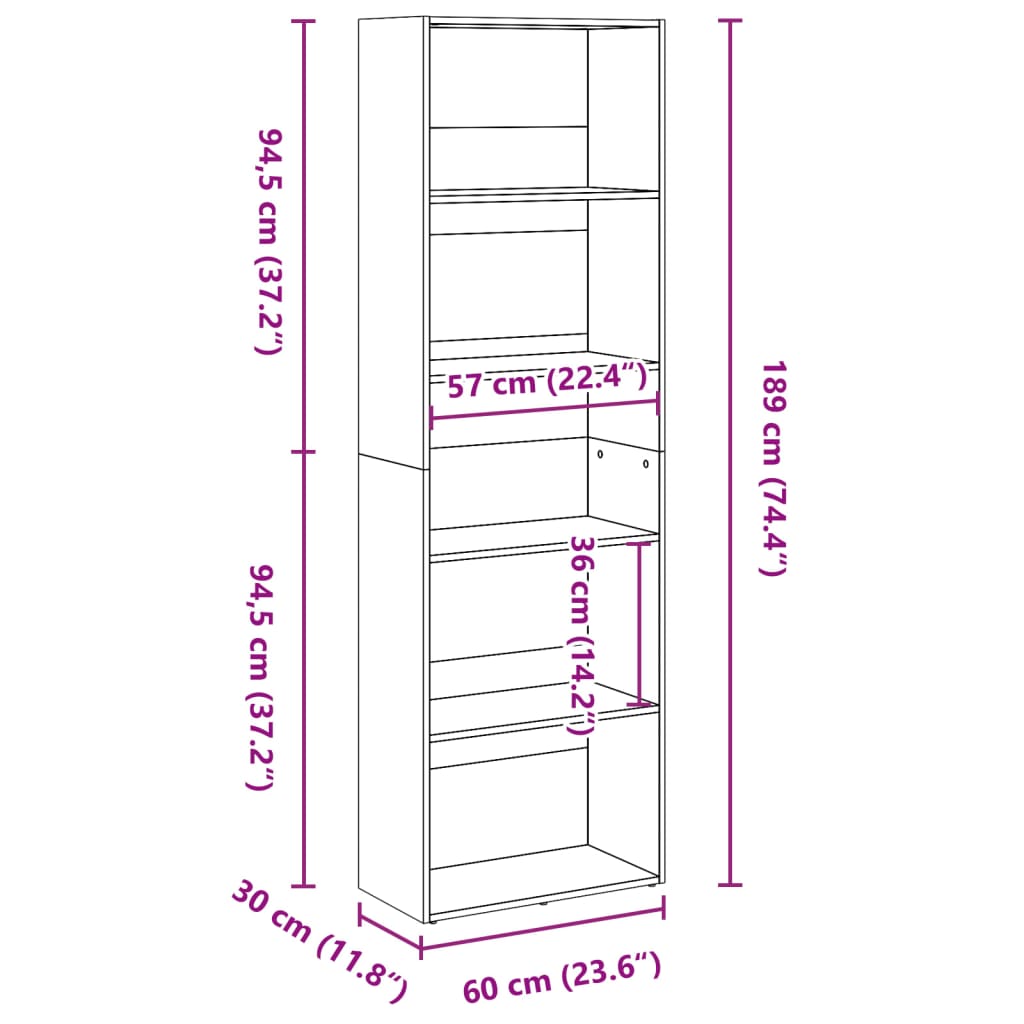 Bookcase White 60x30x189 cm Engineered Wood