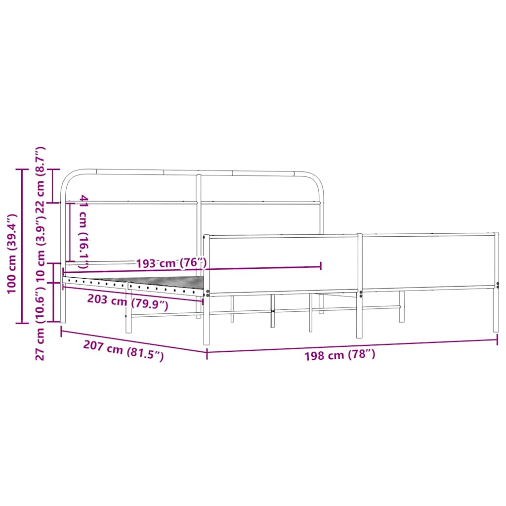 Metal Bed Frame without Mattress Sonoma Oak 193x203 cm