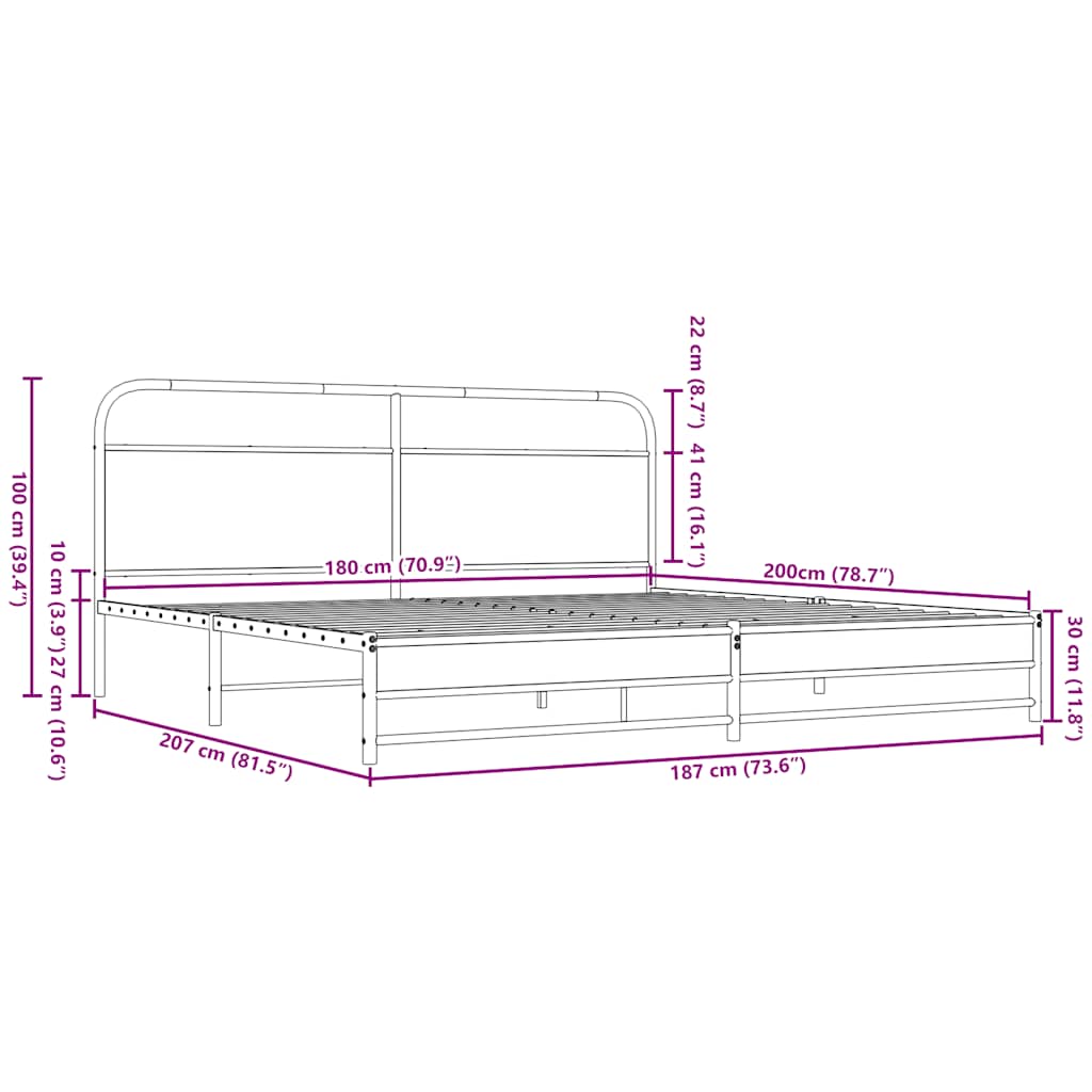 Metal Bed Frame without Mattress Brown Oak 180x200 cm