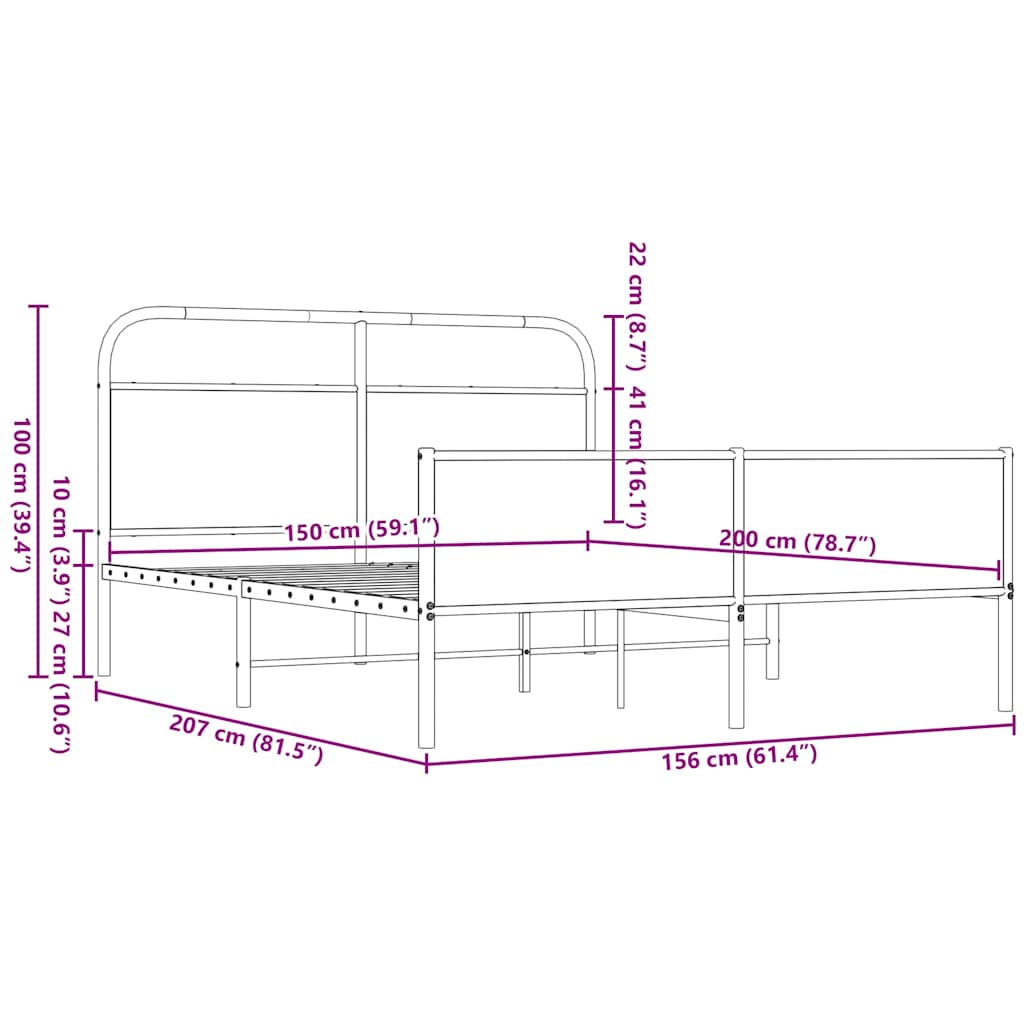 Metal Bed Frame without Mattress Brown Oak 150x200 cm King Size