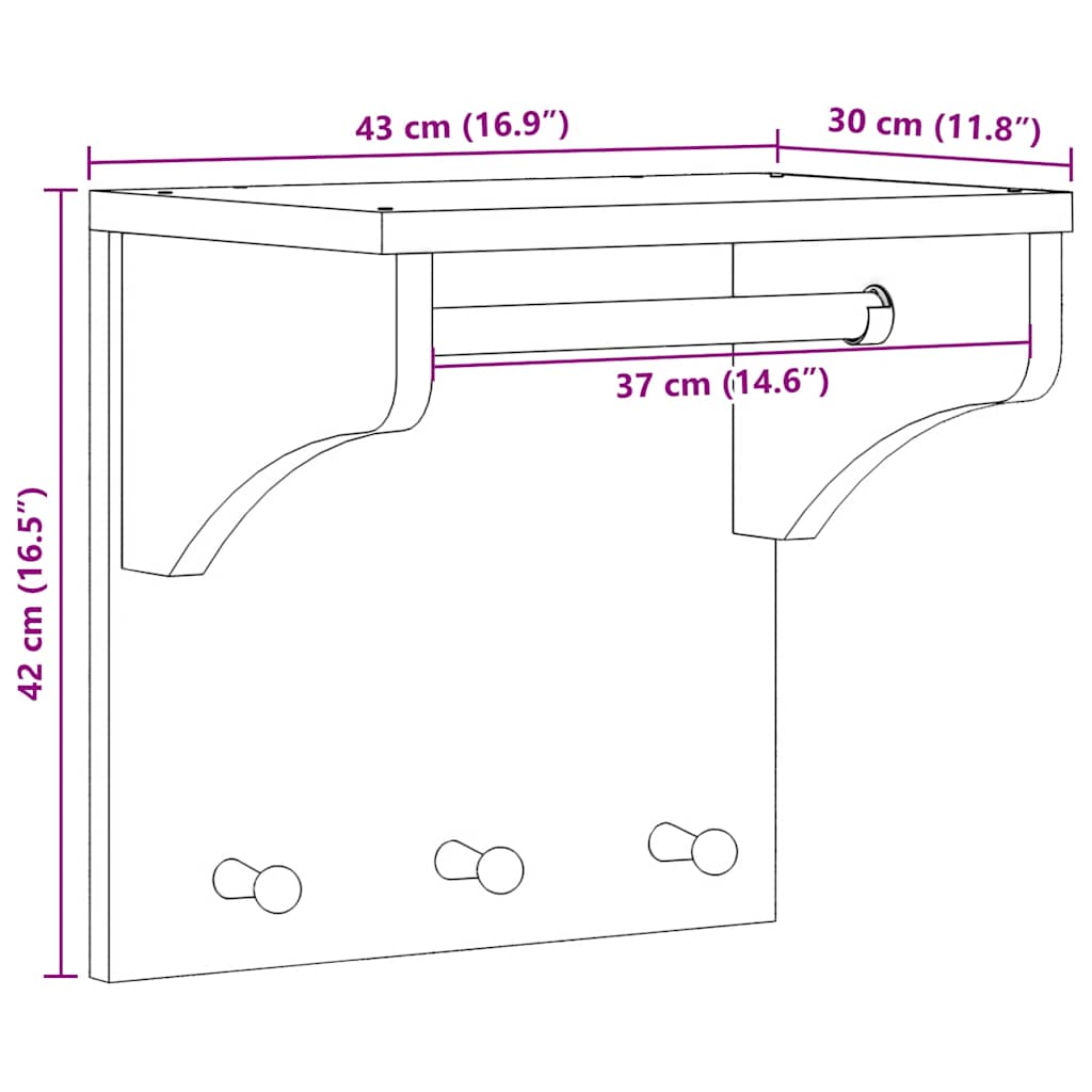 Wall-mounted Coat Rack SANDNES 43x30x42 cm Solid Wood Pine