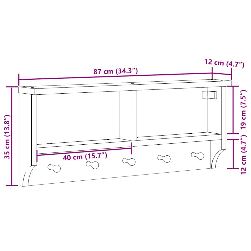 Wall-mounted Coat Rack SANDNES 87x12x35 cm Solid Wood Pine