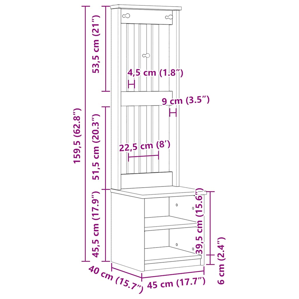 Hall Tree SANDENS 45x40x159.5 cm Solid Wood Pine