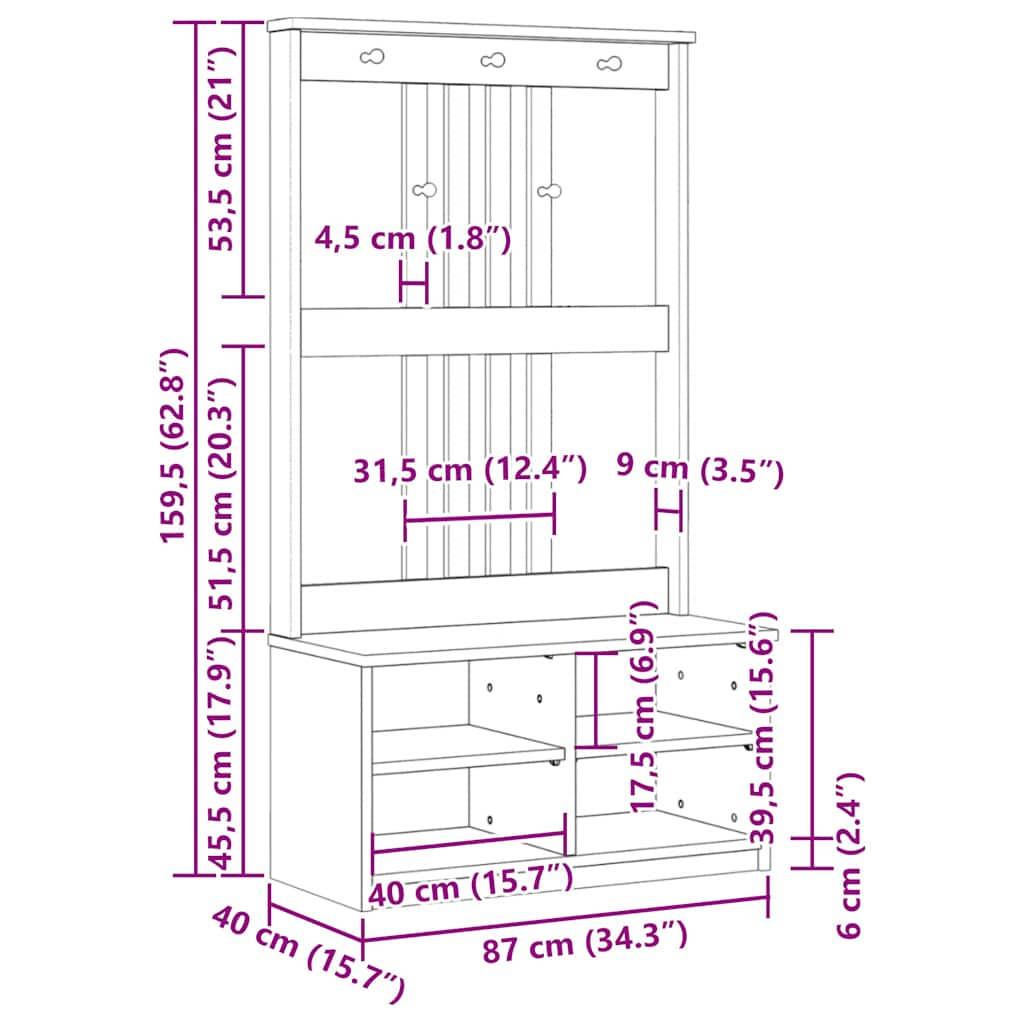 Hall Tree SANDENS 87x40x159.5 cm Solid Wood Pine