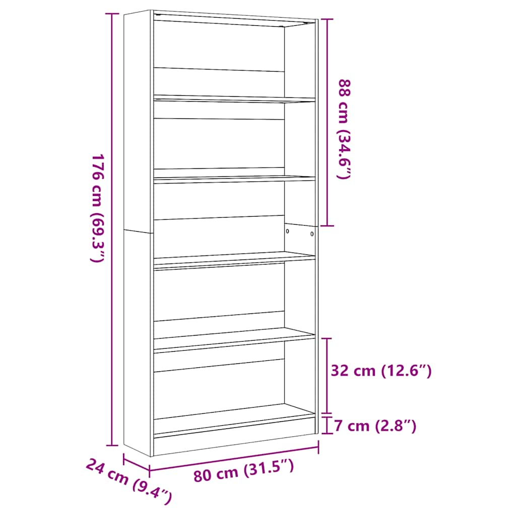 Bookcase High Gloss White 80x24x176 cm Engineered Wood