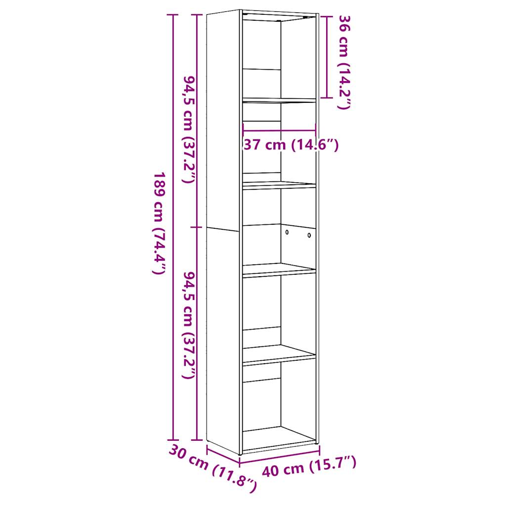 Bookcase High Gloss White 40x30x189 cm Engineered Wood