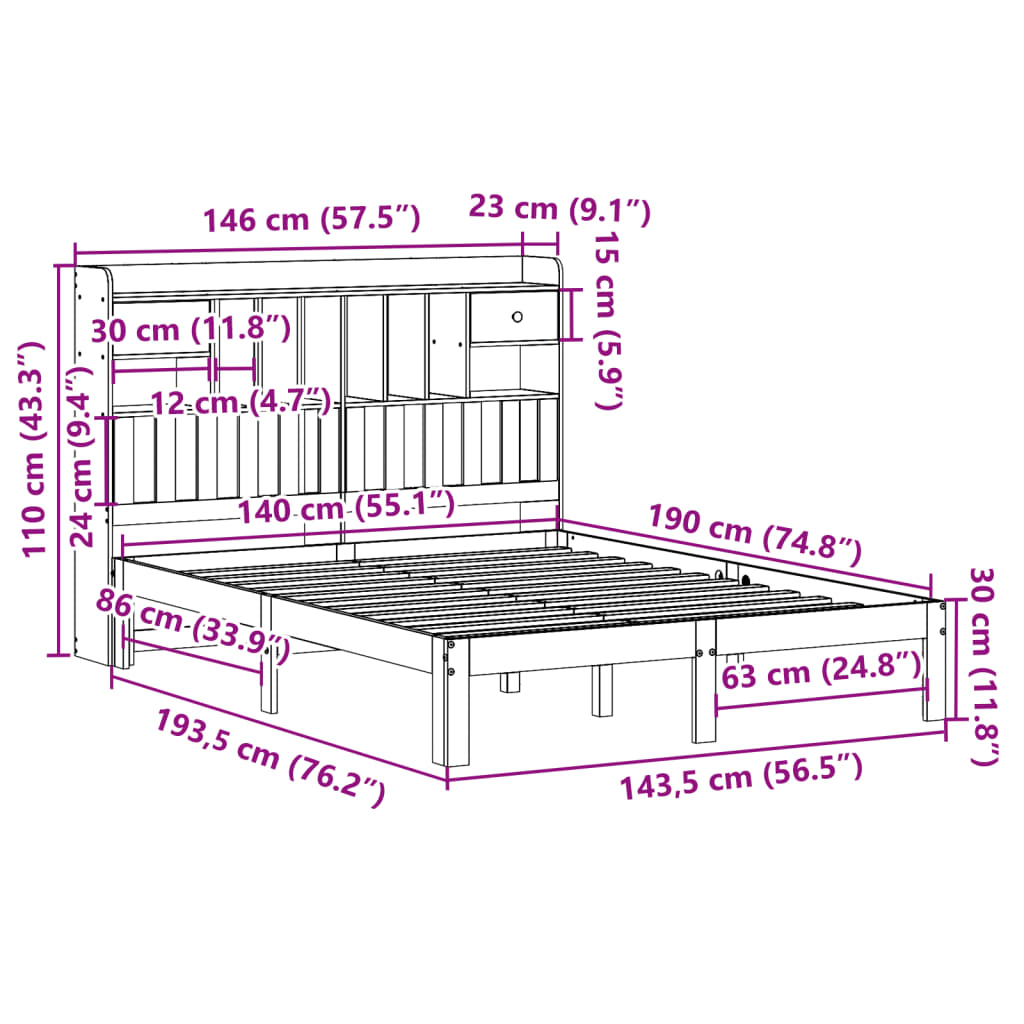 Bookcase Bed without Mattress White 140x190cm Solid Wood Pine