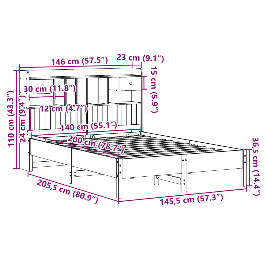 Bookcase Bed without Mattress 140x200 cm Solid Wood Pine