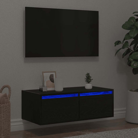 TV Cabinet with LED Lights Black Oak 75x35.5x25 cm