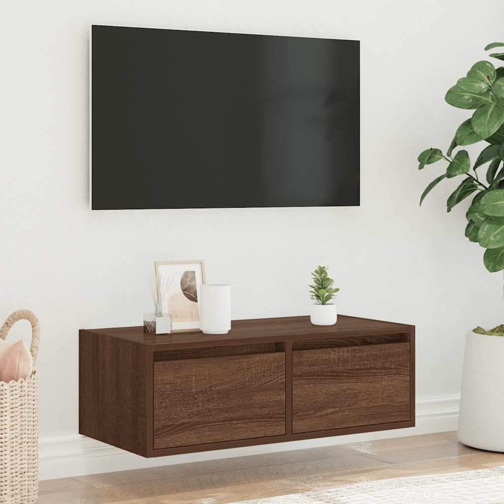 TV Cabinet with LED Lights Brown Oak 75x35.5x25 cm