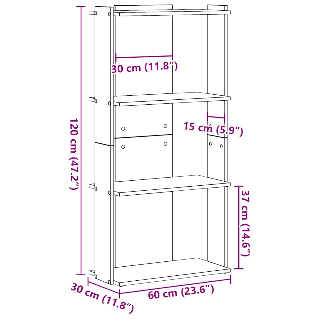 Bookcase 3-Tier Black 60x30x120 cm Engineered Wood