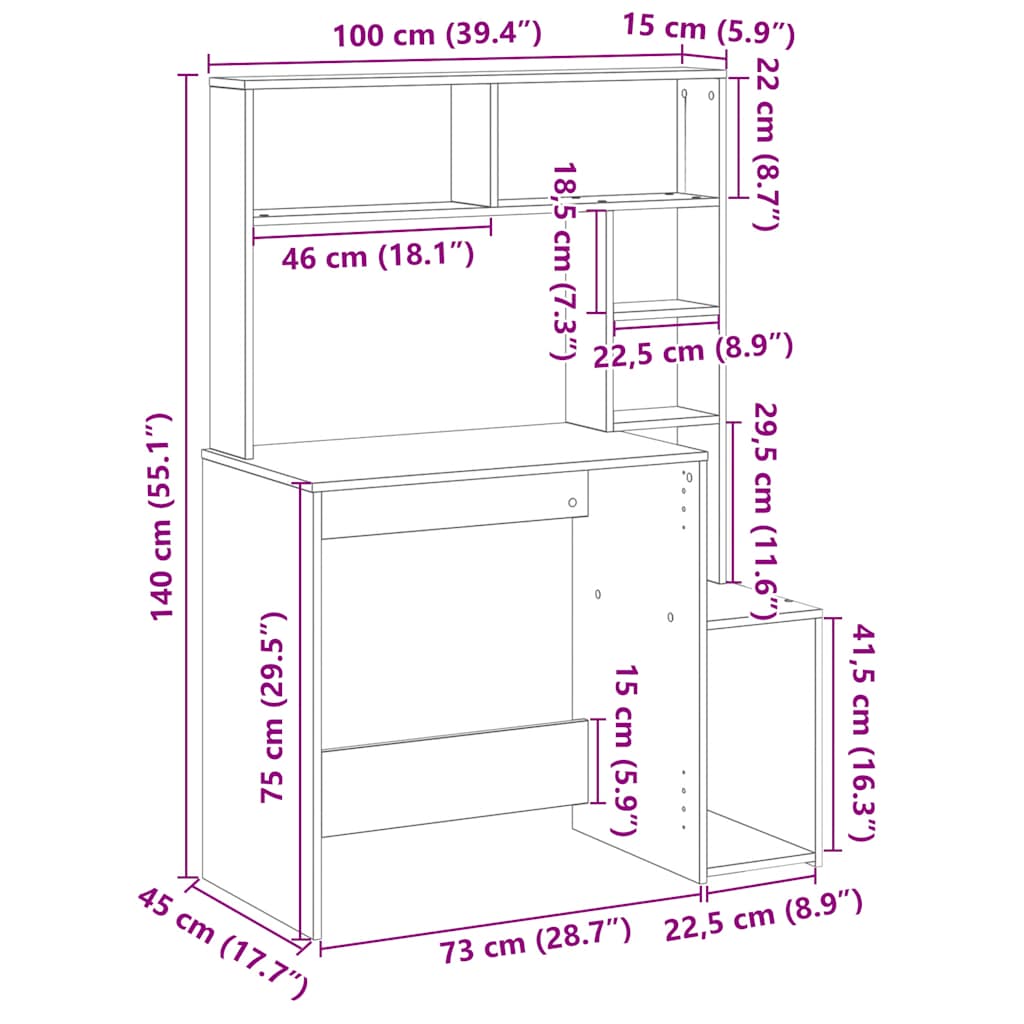 Desk with Shelves Concrete Grey 100x45x140 cm Engineered Wood