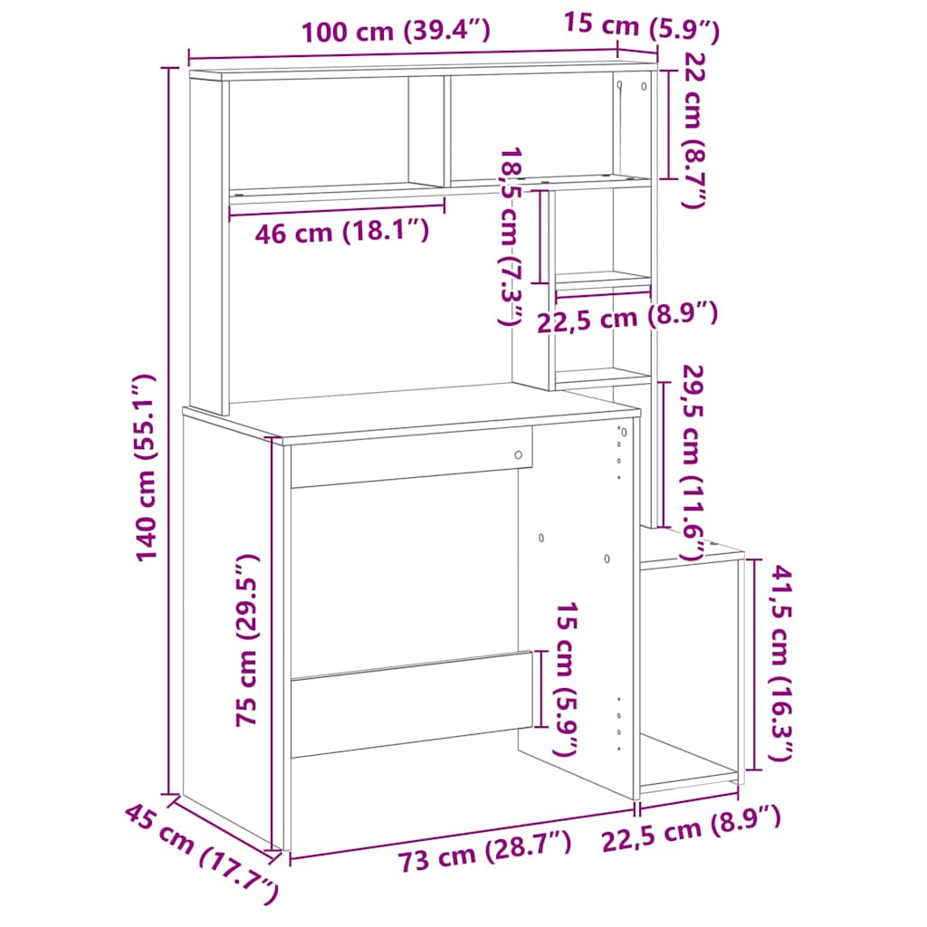 Desk with Shelves Grey Sonoma 100x45x140 cm Engineered Wood