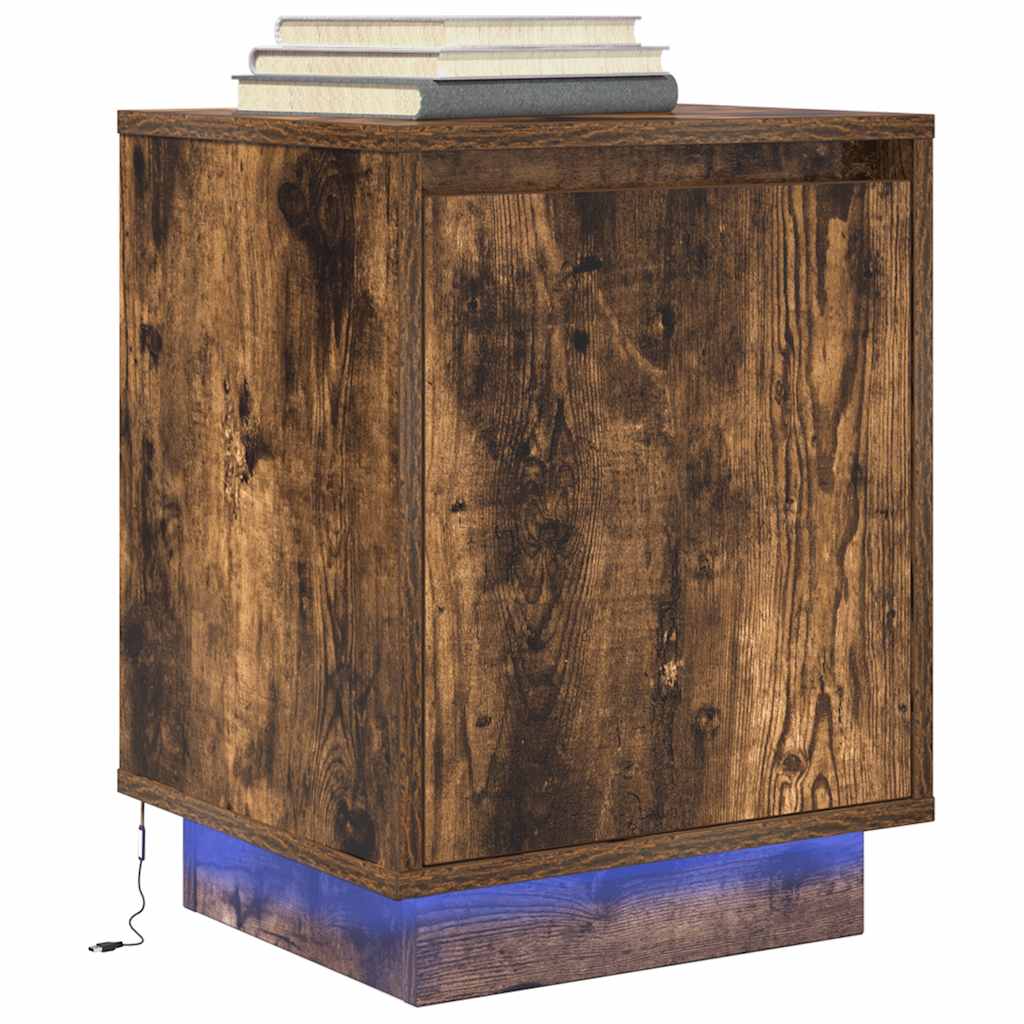 Bedside Cabinet with LED Lights Smoked Oak 38x34x50 cm