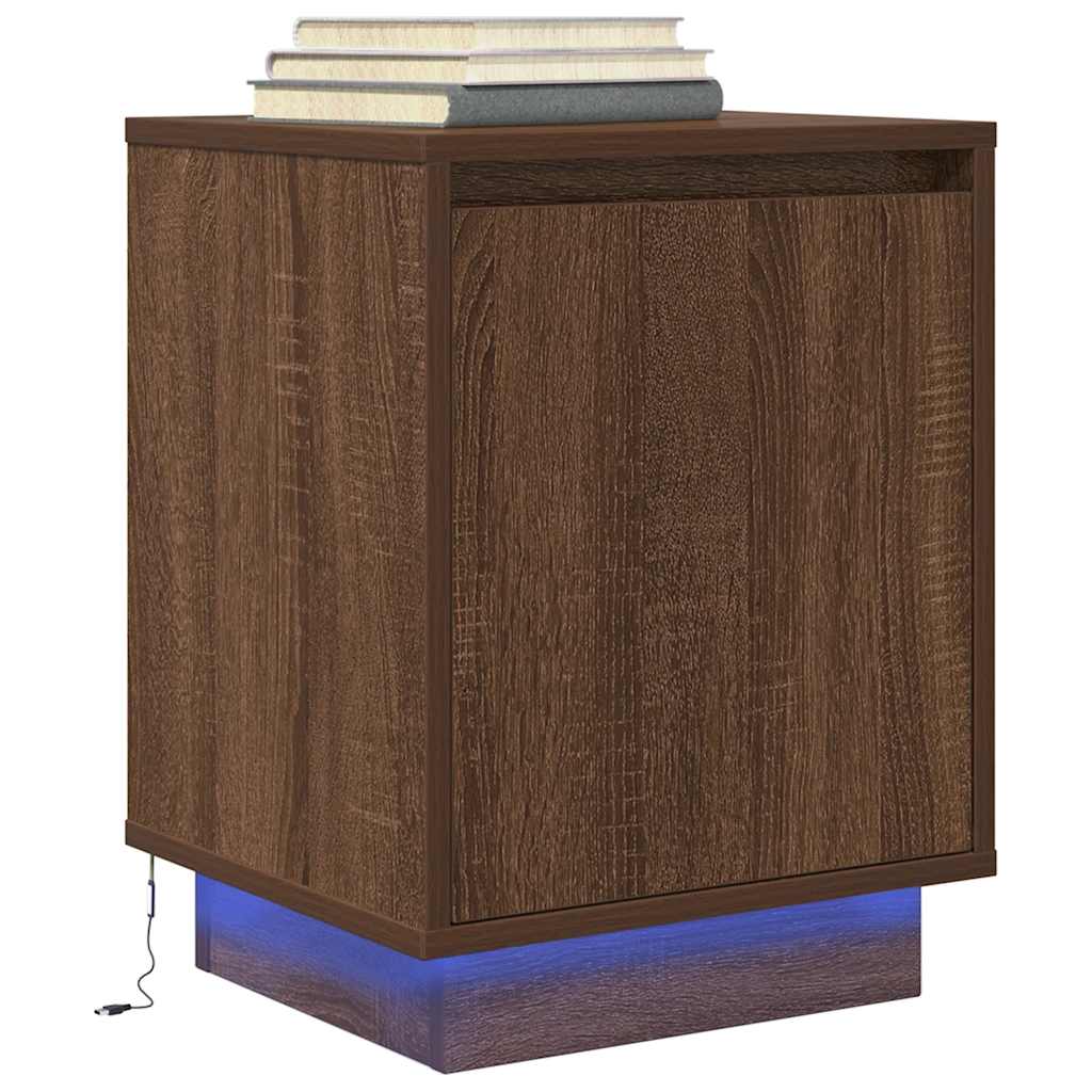 Bedside Cabinet with LED Lights Brown Oak 38x34x50 cm