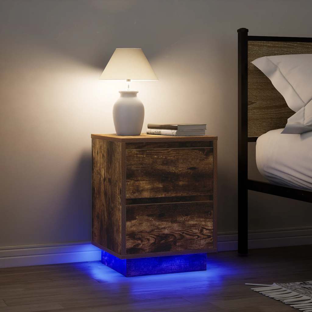 Bedside Cabinet with LED Lights Smoked Oak 38x34x50 cm