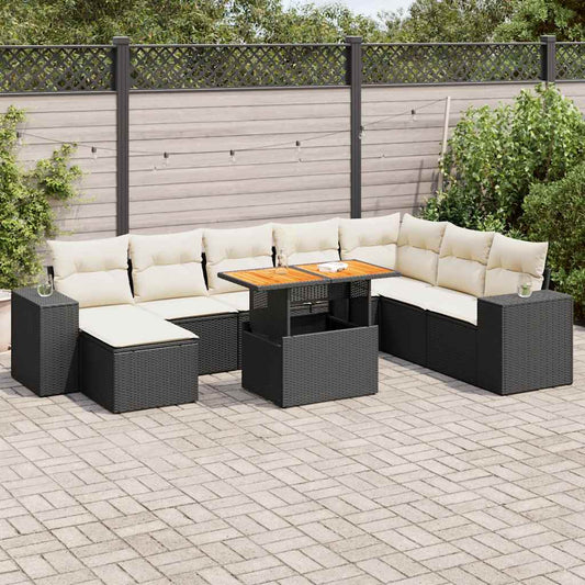 9 Piece Garden Sofa Set with Cushions Black Poly Rattan Acacia