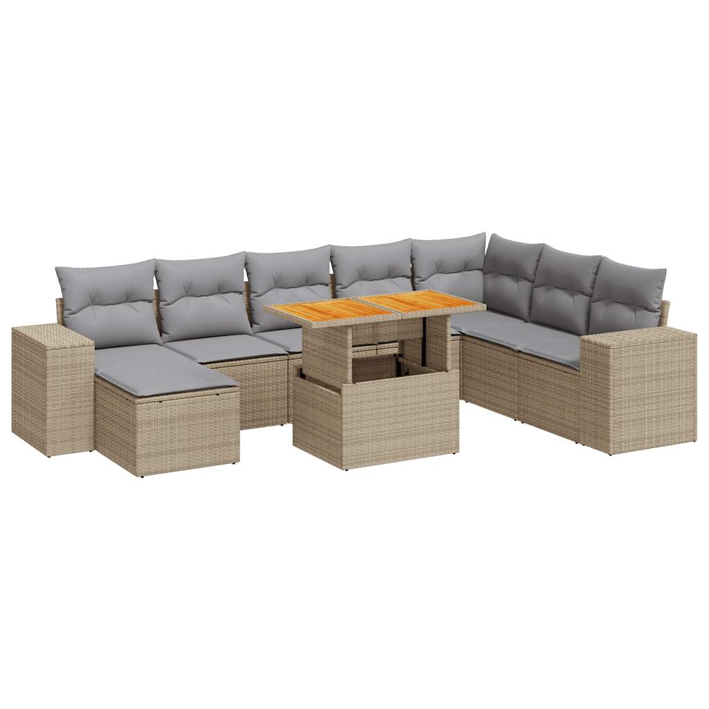 9 Piece Garden Sofa Set with Cushions Beige Poly Rattan Acacia