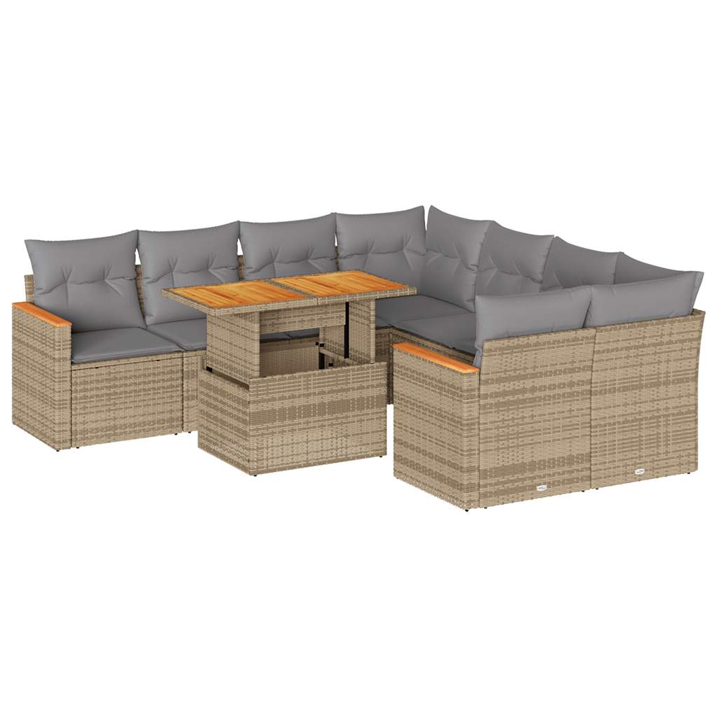 9 Piece Garden Sofa Set with Cushions Beige Poly Rattan Acacia