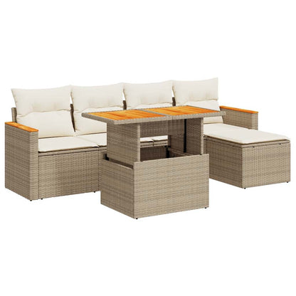 6 Piece Garden Sofa Set with Cushions Beige Poly Rattan Acacia