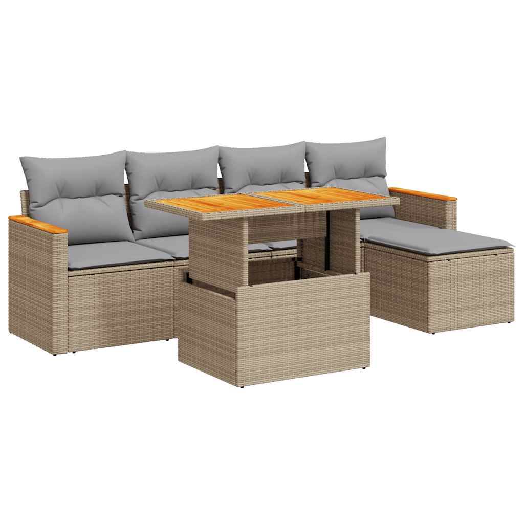 6 Piece Garden Sofa Set with Cushions Beige Poly Rattan Acacia