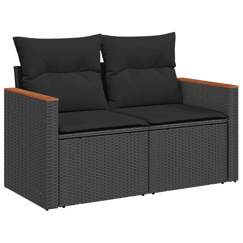 5 Piece Garden Sofa Set with Cushions Black Poly Rattan Acacia