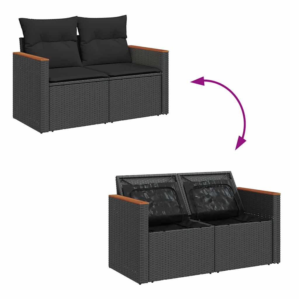 5 Piece Garden Sofa Set with Cushions Black Poly Rattan Acacia