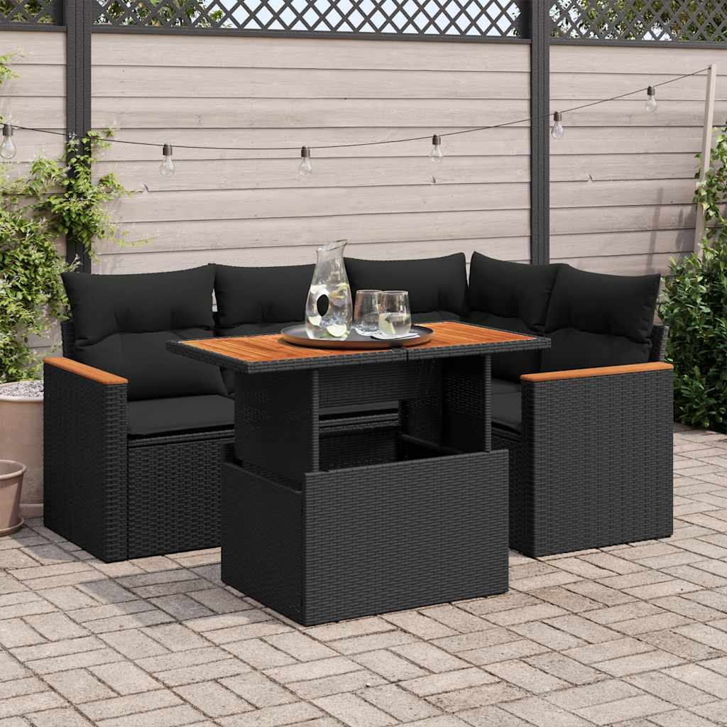 5 Piece Garden Sofa Set with Cushions Black Poly Rattan Acacia