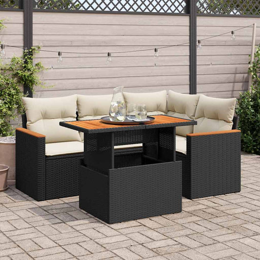 5 Piece Garden Sofa Set with Cushions Black Poly Rattan Acacia