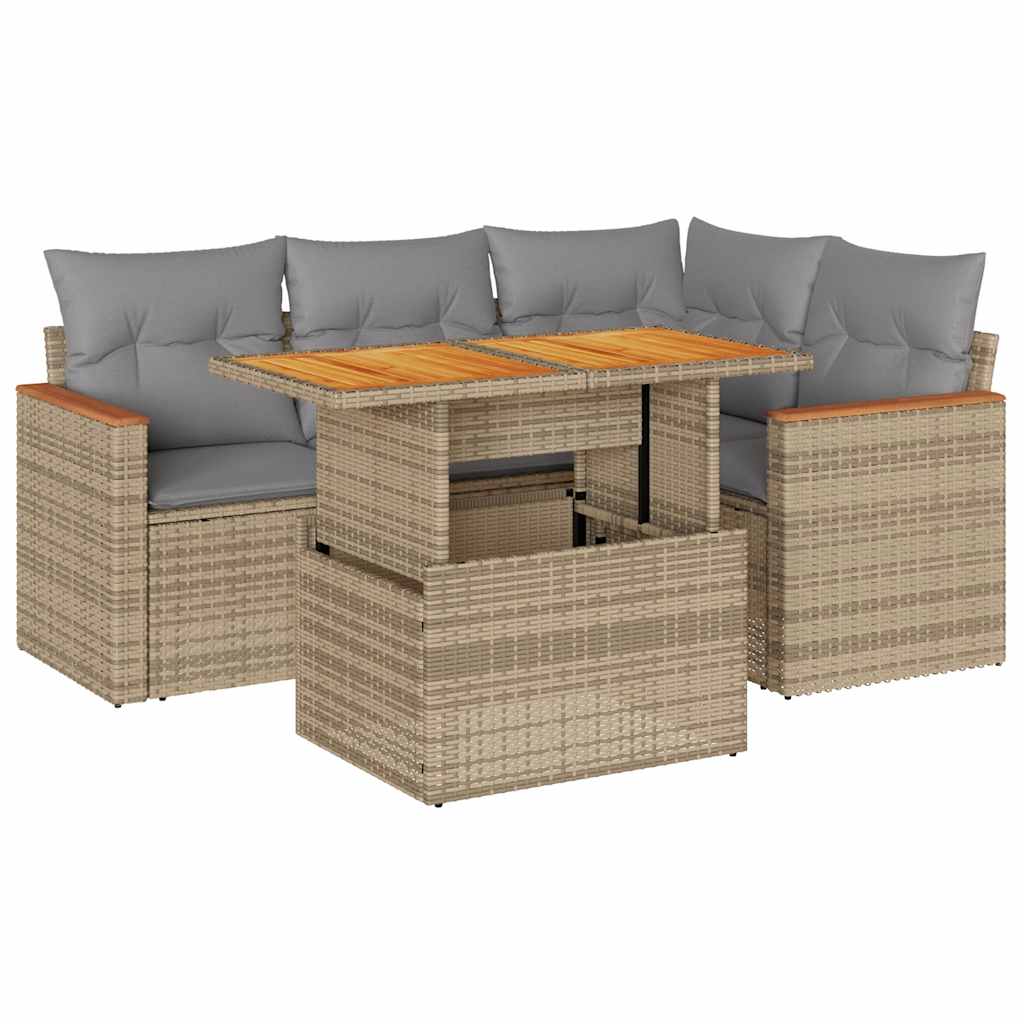 5 Piece Garden Sofa Set with Cushions Beige Poly Rattan Acacia