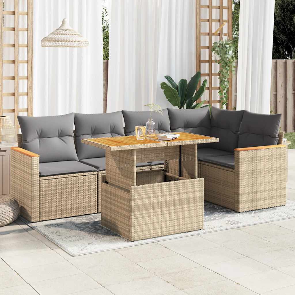 5 Piece Garden Sofa Set with Cushions Beige Poly Rattan Acacia