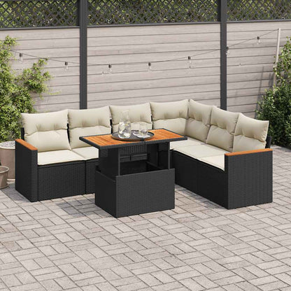 7 Piece Garden Sofa Set with Cushions Black Poly Rattan Acacia