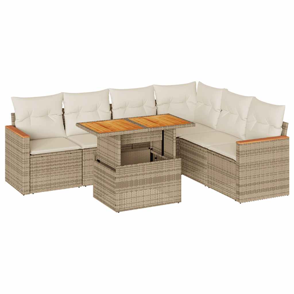 7 Piece Garden Sofa Set with Cushions Beige Poly Rattan Acacia