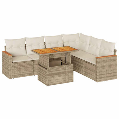 7 Piece Garden Sofa Set with Cushions Beige Poly Rattan Acacia