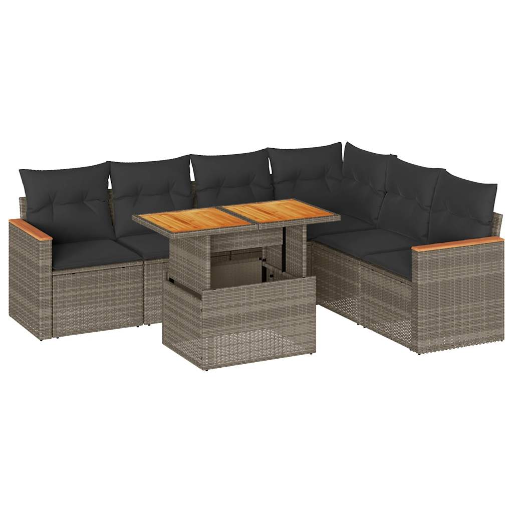 7 Piece Garden Sofa Set with Cushions Grey Poly Rattan Acacia