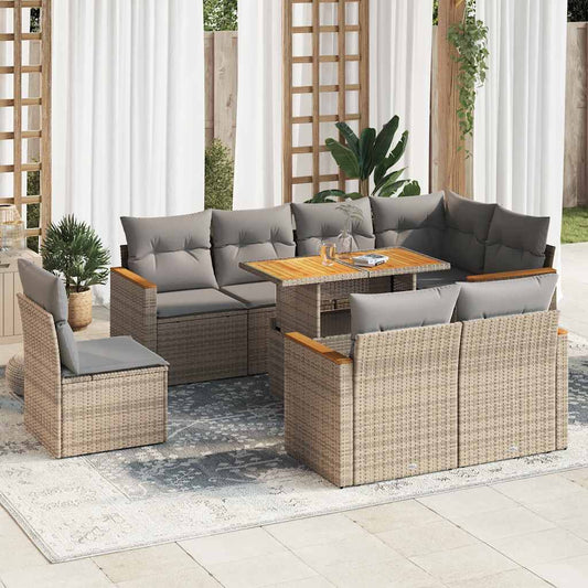 9 Piece Garden Sofa Set with Cushions Beige Poly Rattan Acacia