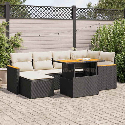 7 Piece Garden Sofa Set with Cushions Black Poly Rattan Acacia