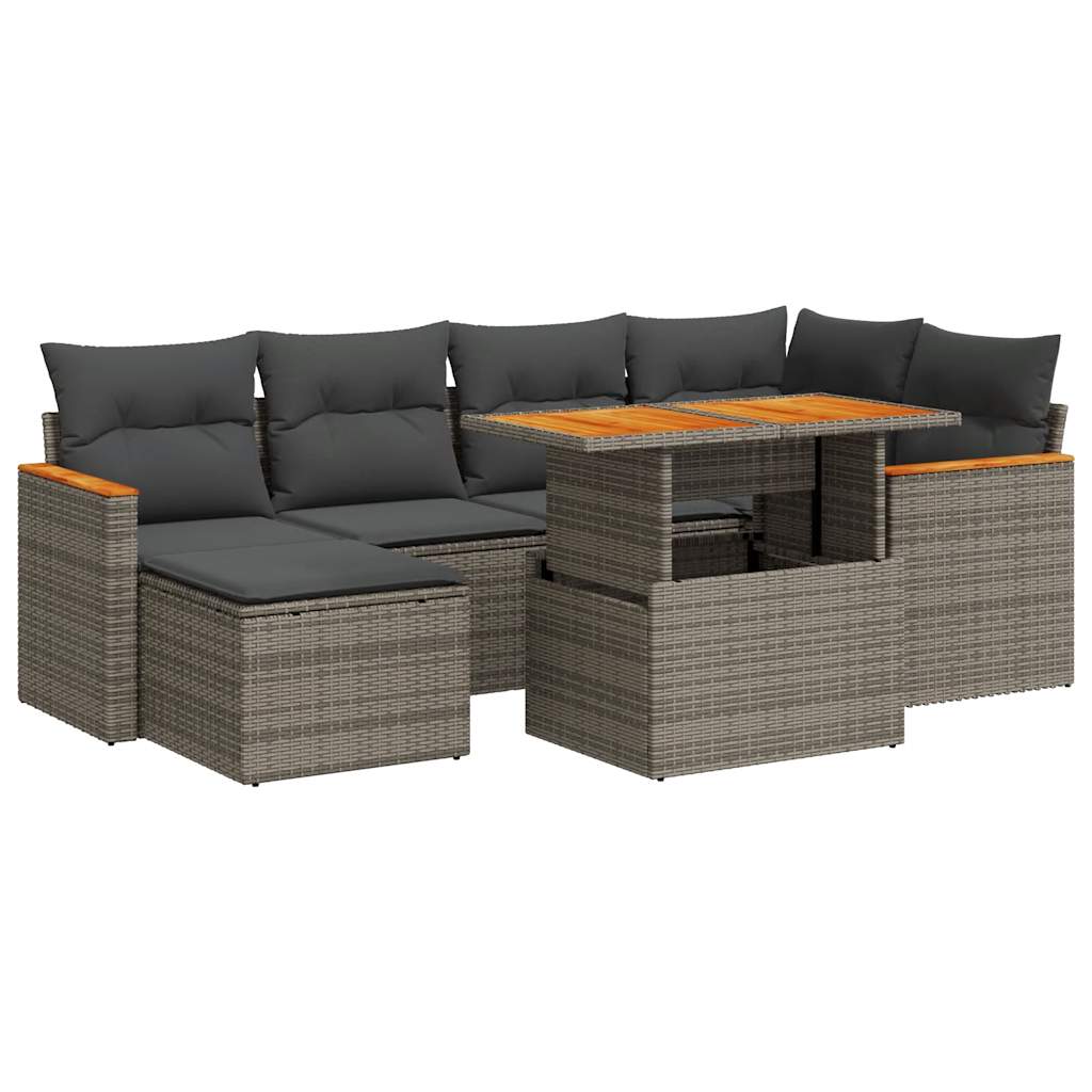 7 Piece Garden Sofa Set with Cushions Grey Poly Rattan Acacia