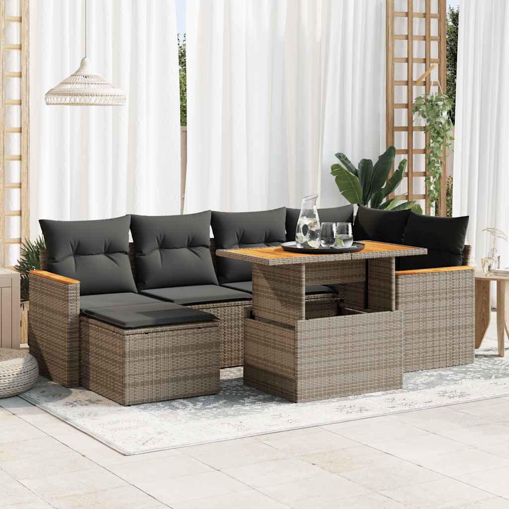 7 Piece Garden Sofa Set with Cushions Grey Poly Rattan Acacia