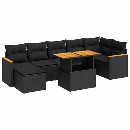 8 Piece Garden Sofa Set with Cushions Black Poly Rattan Acacia