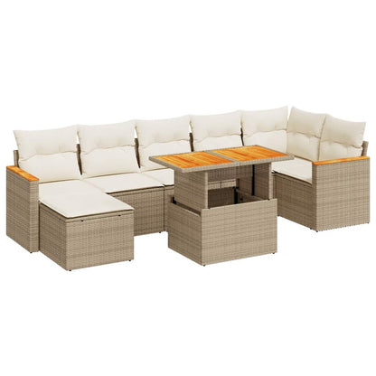 8 Piece Garden Sofa Set with Cushions Beige Poly Rattan Acacia