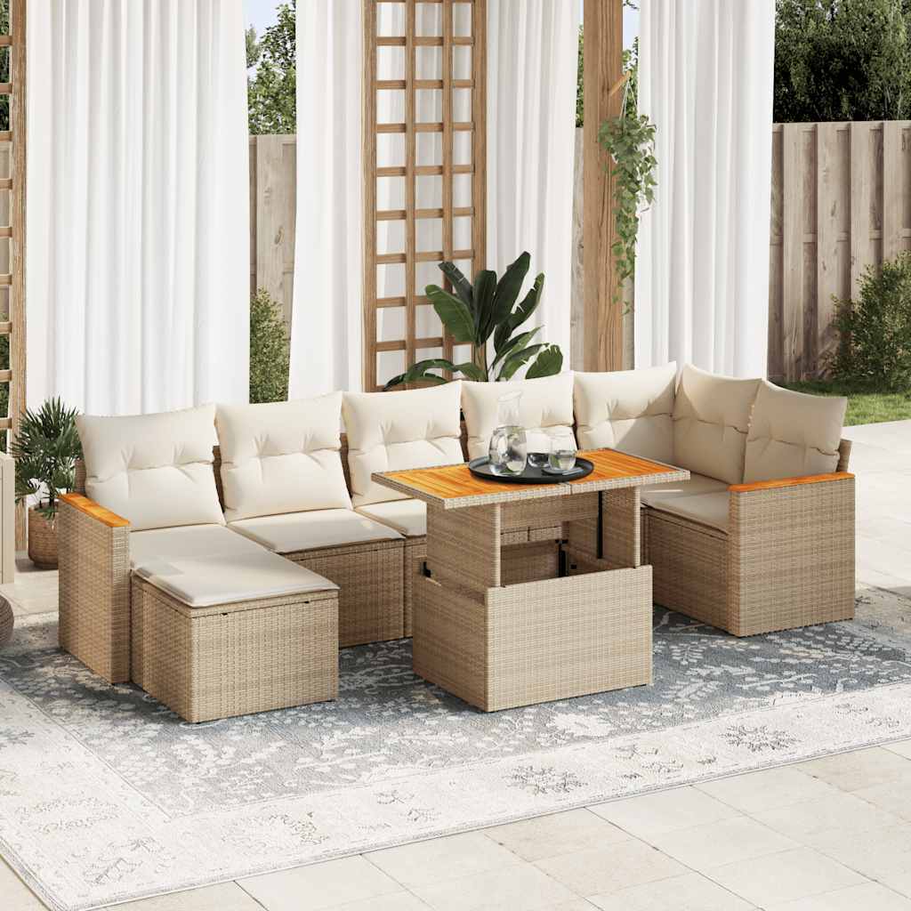 8 Piece Garden Sofa Set with Cushions Beige Poly Rattan Acacia