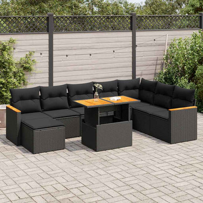 9 Piece Garden Sofa Set with Cushions Black Poly Rattan Acacia