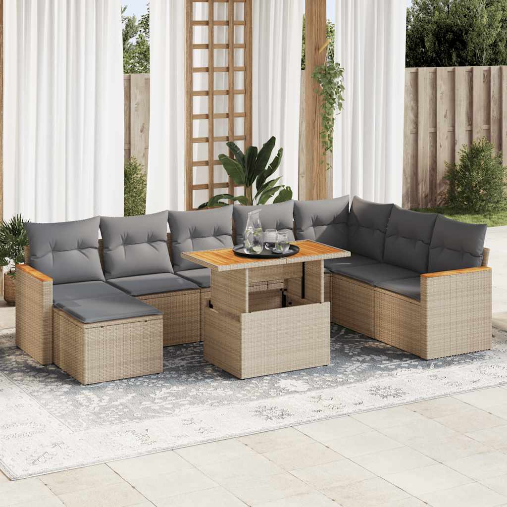 9 Piece Garden Sofa Set with Cushions Beige Poly Rattan Acacia