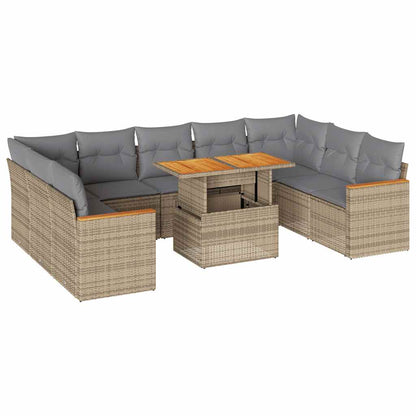 10 Piece Garden Sofa Set with Cushions Beige Poly Rattan Acacia