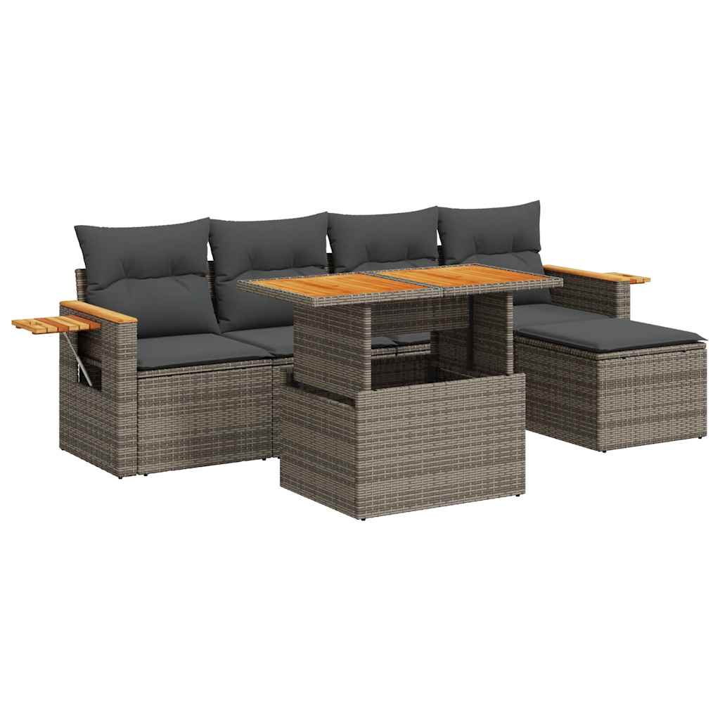 6 Piece Garden Sofa Set with Cushions Grey Poly Rattan Acacia